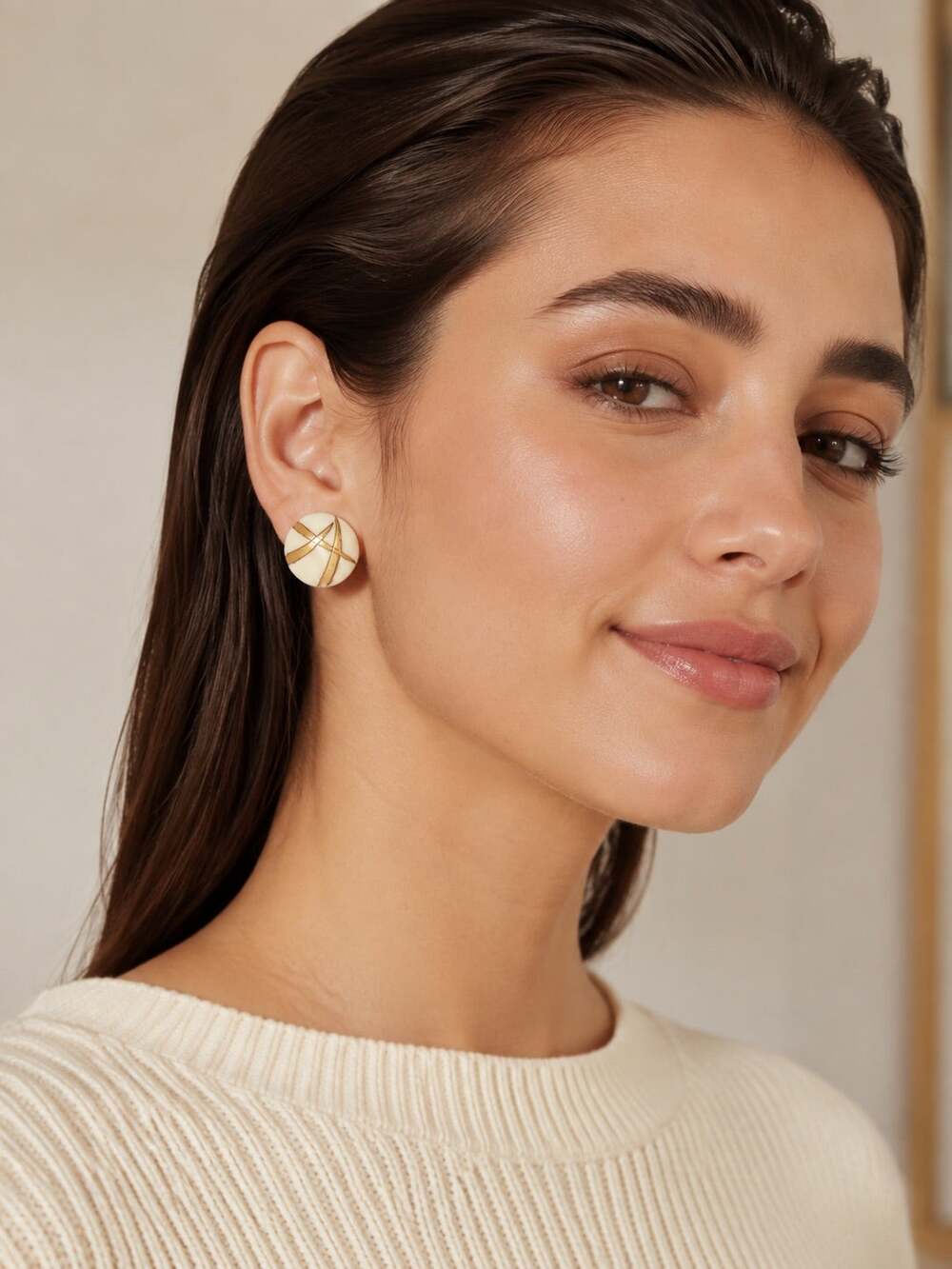 Vintage Cream Gold Abstract Geometric Round Statement Stud Earrings
